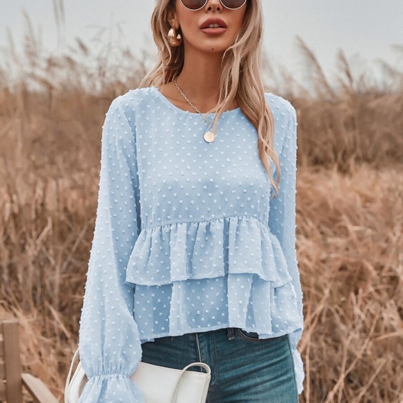 blue swiss dot ruffle babydoll long sleeve top - Picture 9 of 13